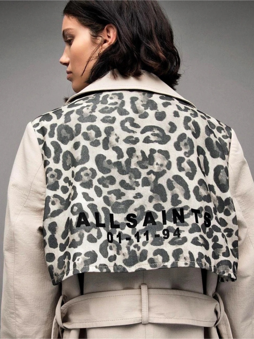 AllSaints Mixie Leo Trench Coat Animal Print Panel